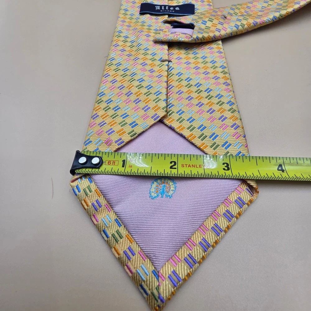 Altea Milano Mens Silk Tie Yellow Multi Color Geometric Basketweave Made  Italy